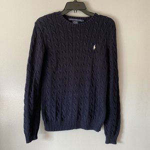 Ralph Lauren Sport Size Large Navy Blue Crew Neck Cable Knit Cotton Sweater